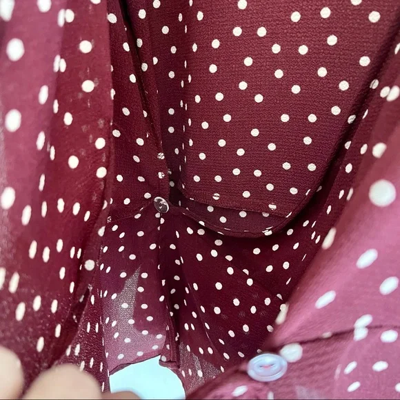 Bobeau Side Button Wrap Blouse Burgundy/Ivory Dot - Picture 6 of 14